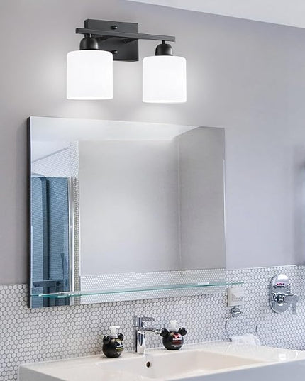 2 Light Black Bathroom Light Fixture, Modern Bathroom Lights with Milky White Frosted Glass Shades for Mirror Living Room Bedroom Hallway E26 Base