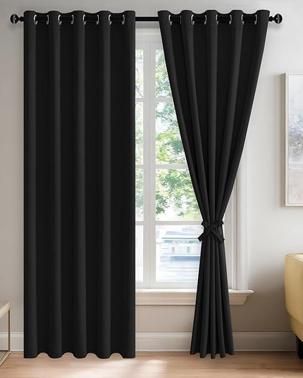JIUZHEN Black Blackout Curtains with Tiebacks - Thermal Insulated, Light Blocking and Noise Reducing Grommet Curtains for Bedroom and Living Room, Set of 2 Window Curtain Panels, 60 x 84 Inch Length