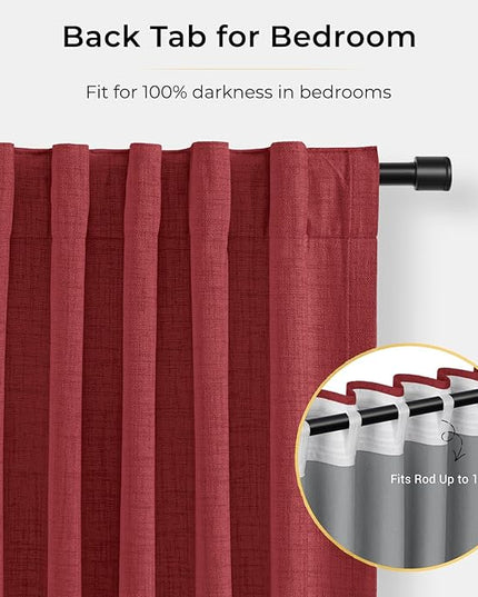 INOVADAY 100% Blackout Curtains for Bedroom, Black Out Curtains 96 Inch Long, Clip Rings Linen Blackout Drapes, Thermal Insulated Room Darkening for Living Room, 2 Panels - Ruby Red,W50xL96