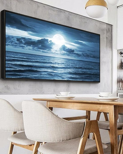 Black Framed Wall Art For Living Room Decorations Photo Prints - Blue Sea View The Moon Landscape - Modern Home Decor The Room Stretched And Framed Ready To Hang Artwork (Blue Ocean&Moon, 24x 48inch)