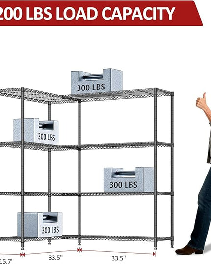 IZEUK Linked Storage Racks, DIY Adjustable Heavy Duty Metal Shelving Unit for Corner, Ideal for Kitchen, Garage, Warehouse, and Garden (Black, 4 Tiers, 15.7" D x 33.5" W x 59.5" H, 1147 lbs Capacity)