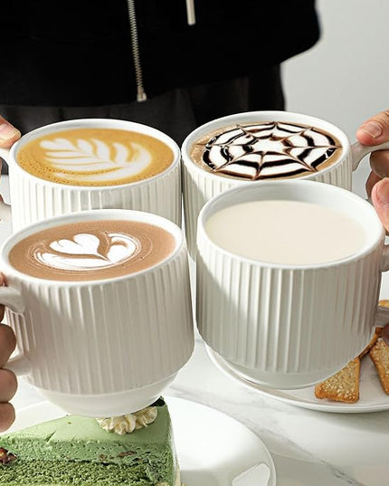 HASENSE Coffee Cups Set of 4 with Stand, 15 OZ Stackable Coffee Mugs with Handle for Tea, Cocoa, Cappuccino, Latte and Americano, Porcelain Vertical Stripe Coffee Cups for Men and Women, Pure White