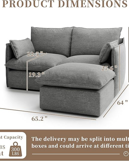 Waterproof Cloud Sectional Couches,High Backrest Down Filled Sofa for Living Room,Modular Sofas 2 Seater with Ottoman,Detachable Couch Covers,Dark Grey