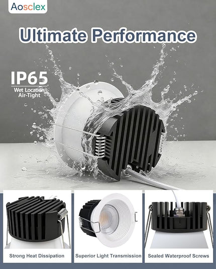 3 Inch 5CCT Anti-Glare LED Recessed Lights with Junction Box, 2700K/3000K/3500K/4000K/5000K Selectable, 12W 1260LM CRI90+, Dimmable Canless Waterproof Downlight, ETL & FCC（White, 1 Pack）