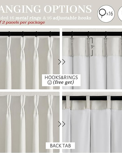 Extra Long 112 Inch Blackout Balcony Curtains for Apartments, Beige White Memory Trained Pleated 2 Layer Flax Linen Curtain Sound Dampening Insulating Country Windows Drapes 2 Panels Set