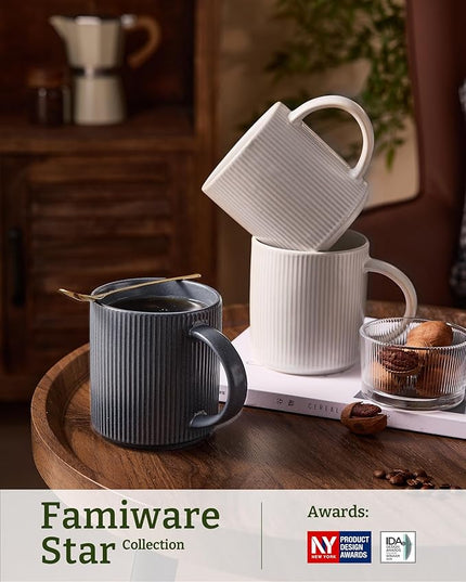 famiware Coffee Mug Set for 6, Star 16 oz Catering Mugs Cup Set with Handle for Coffee, Tea, Cocoa, Milk - Ceramic Stoneware Drinkware Set, Matte White + Matte Dark Charcoal