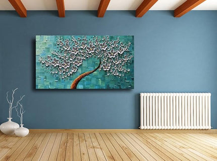 YaSheng Art - 100% hand painted Flower Art Oil Painting On Canvas Texture Silver Flowers Tree Paintings Modern Home Bedroom, Dining Room, Decor Wall Art 3D Abstract Artwork Paintings 20x40inch
