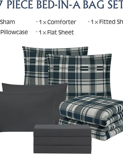 MaiRêve Queen Size Comforter Set Navy Blue, Classic Plaid Farmhouse 7 Pieces Bedding Set, All Season Lightweight Bed in a Bag with Sheets, Pillowcases & Shams