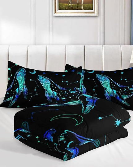 Whale Print Comforter Marine Life Bedding Set,Glowing Stars Moon Constellation Pattern Comforter Sets for Kids Boys Girls Room Decor,Cute Coastal Bedding Set Queen Size with 2 Pillowcases.