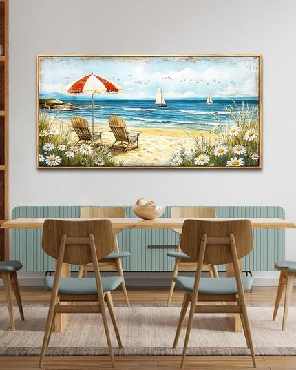 ERQINHUA Large Wall Decor Canvas Painting Wall Art For Living Room Decoration Blue Seaside Landscape Painting Bedroom Print Artwork Picture For Dining Room Bathroom Home Decor Wood Frame 24x48 In