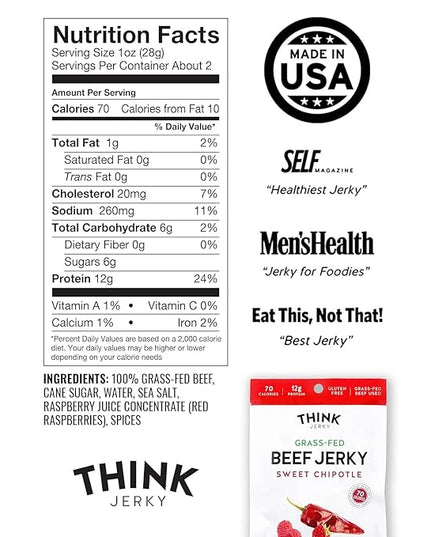 Think Jerky Sweet Chipotle Beef Jerky, Grass-Fed High Protein Beef Jerky, Gluten Free, No Antibiotics or Nitrates, Healthy Chef Crafted Recipe, Low Calorie and Low Fat - 2.2 oz Bags, 4 Pack