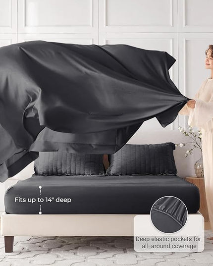 MUXHOMO 7 Pieces King Comforter Set, Seersucker Bed in a Bag King Size, All Season Luxury Bedding Set with Comforter, Flat Sheet, Fitted Sheet, Pillowcases & Shams, Dark Grey