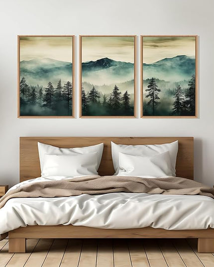 HOURIA Large Boho Mountain Forest Framed Canvas Wall Art Set,Nature Foggy Woodland Wall Decor,Modern Pine Tree Artwork,Watercolor Botanical Art Print for Living Room,Bedroom,Farmhouse- 24"x36"x3