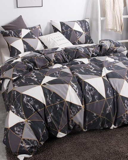CLOTHKNOW Black White Marble King Size Comforter Set 3Pcs Triangle Plaid Bedding Comforter Set All Season Geometric Comforter