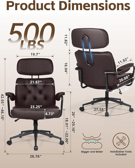 Big and Tall Office Chair 500LBS, Executive Office Chair for Heavy People, Heavy Duty Desk Chair Comfy, Computer Chair High Back PU Leather, Extra Wide Rocking Chair with Wheels for Home Office, Brown