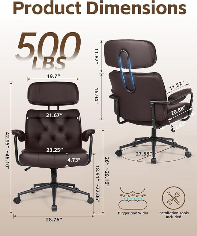 Big and Tall Office Chair 500LBS, Executive Office Chair for Heavy People, Heavy Duty Desk Chair Comfy, Computer Chair High Back PU Leather, Extra Wide Rocking Chair with Wheels for Home Office, Brown