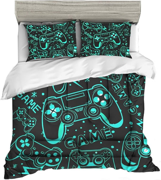 Sunnycitron Black Green Gamepad Gamer Comforter Set for Boys Gaming Bedding Set Teens Game Room Decor Twin (1 Comforter + 2 Pillowcase)