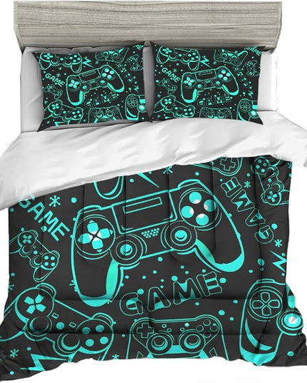 Sunnycitron Black Green Gamepad Gamer Comforter Set for Boys Gaming Bedding Set Teens Game Room Decor Full (1 Comforter + 2 Pillowcase)