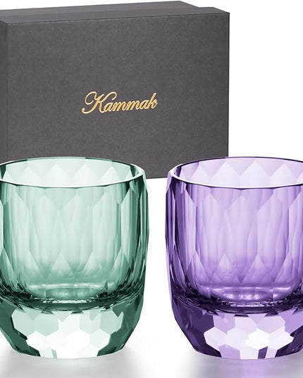 KAMMAK Crystal Whiskey Glasses Set of 2, 7oz Old Fashioned Glasses Stemless, Hand Blown Colored Cocktail Glasses, Engagement Gifts for Couples, Women, Men