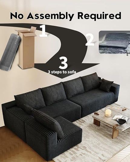 139.4" Modular Sectional Sofa, L-Shaped Minimalist Couches with Middle Seat Chaise, Modern Deep Seat Convertible Sleeper Sofa,Cloud Plush Corduroy Fabric, No Assembly Required, 5 Seater, Black