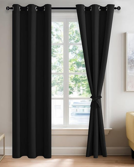 JIUZHEN Black Blackout Curtains with Tiebacks - Thermal Insulated, Light Blocking and Noise Reducing Grommet Curtain Drapes for Bedroom and Living Room, Set of 2 Panels, 42 x 84 Inches Long