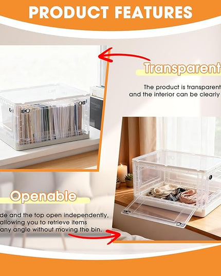 MGWILL 72 Quart Plastic Storage Bins with Lids & Wheels, Stackable Closet Organizers and Storage 5 Doors, Large Collapsible Storage Boxes, Foldable Clear Storage Containers