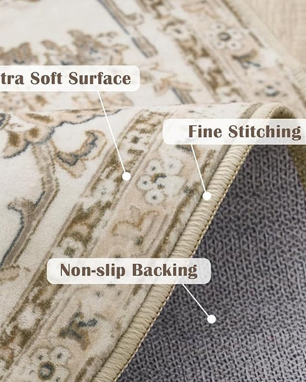 jinchan Fiora Round Rug 8ft Area Rug - Taupe Vintage Floor Mat Indoor Ultra-Thin Soft Floral Print - Washable Circle 8' Retro Accent for Farmhouse Non Slip Dining Room Living Room Bedroom Office