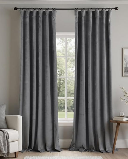 KOUFALL Grey Velvet Moody Blackout Curtains for Bedroom,Luxury Dark Charcoal Gray Black Out Curtain 96 Inches Long 2 Panels Set Back Tab Pleated Drapes for Living Room