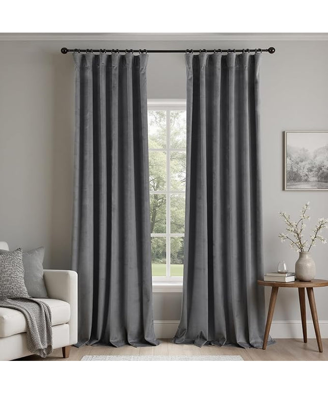 KOUFALL Grey Velvet Moody Blackout Curtains for Bedroom,Luxury Dark Charcoal Gray Black Out Curtain 96 Inches Long 2 Panels Set Back Tab Pleated Drapes for Living Room
