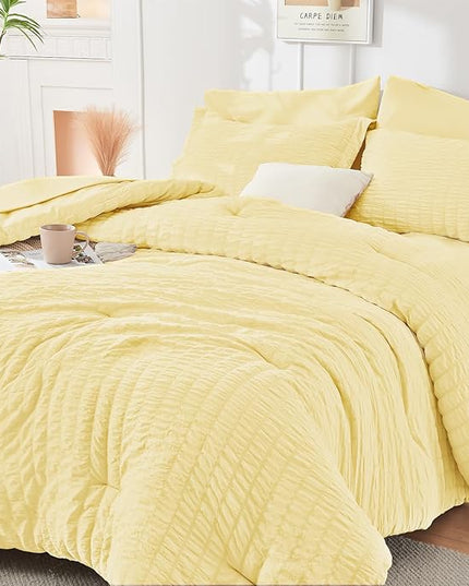 HYMOKEGE Yellow Full Size Comforter Sets Seersucker 7 Pieces, All Season Luxury Bed in a Bag for Bedroom, Bedding Set with Comforter, Sheets, Pillowcases & Shams