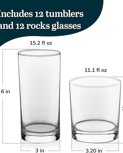 Libbey Province 24-Piece Glasses Drinking Set, Ideal Dining Glassware Sets, Glass Tumbler Set with Lines, Dishwasher Safe Glass Sets For Drinking
