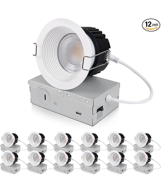 3 Inch 5CCT Anti-Glare LED Recessed Lights with Jbox, IP65 Waterproof, 2700K-5000K Selectable, 12W 1260LM CRI90+, Dimmable Canless Downlight, ETL & FCC & Energy Star Rated（White, 12 Pack）