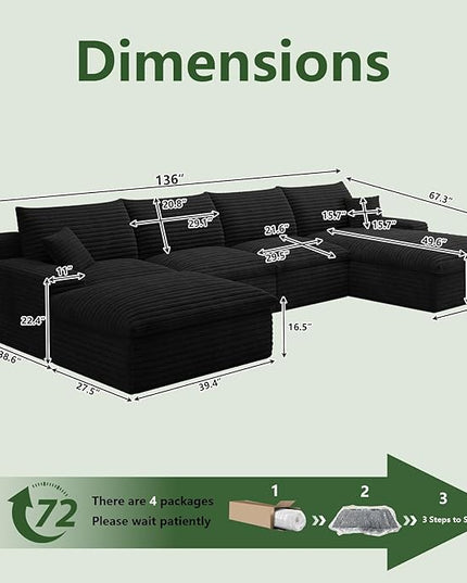 136" Cloud Couch Modular Sectional Sofa for Living Room, U-Shape Boneless Couch with Deep Seat, Modern Corduroy 4-Seater with Ottoman, No Assembly Required (Black,Right-Facing Chaise)