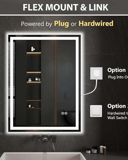 16x24 LED Bathroom Mirror with Lights, Lighted Bathroom Vanity Mirror for Wall, Anti-Fog, Dimmable, Backlit + Front Lit, Memory Function, Shatter-Proof, 3 Colors, Horizontal/Vertical
