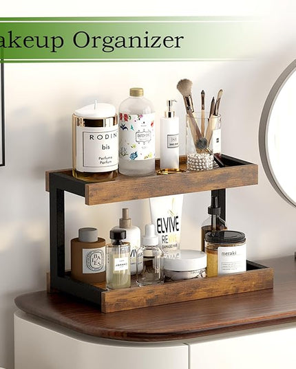 MARTY 2 Tier Spice Rack Organizer for Countertop, 15.8''L Coffee Station/Bathroom Organizer Countertop, Counter Shelf Desktop Storage Organizer for Kitchen, Bedroom, Office (Rustic Brown)