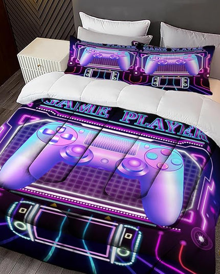 Sunnycitron Purple Gamepad Gamer Comforter Set for Boys Gaming Bedding Set Teens Game Room Decor Full (1 Comforter + 2 Pillowcase)