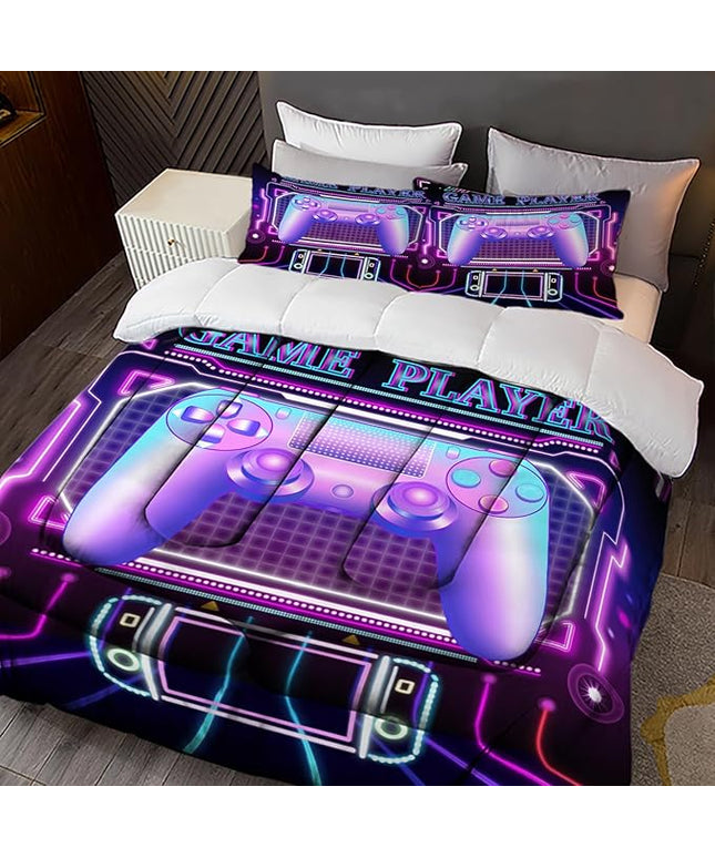Sunnycitron Purple Gamepad Gamer Comforter Set for Boys Gaming Bedding Set Teens Game Bed Room Decor Twin (1 Comforter + 2 Pillowcase)