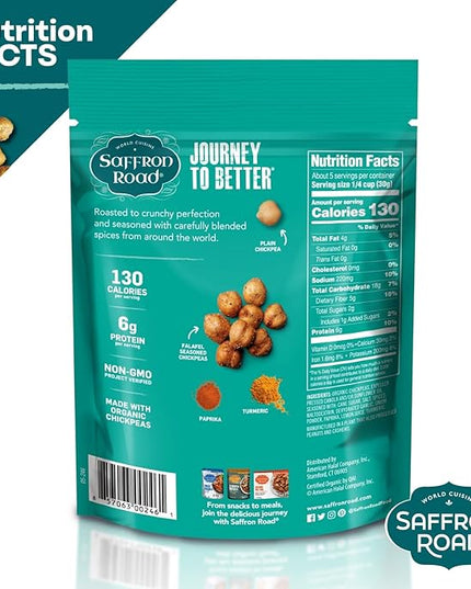 Saffron Road Roasted Falafel Crunchy Chickpeas | High-Protein, Vegan, Gluten-Free, Non-GMO, Halal & Kosher Certified Snack | 5.4 oz Resealable Pouch | Pack of 6