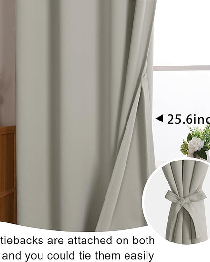 JIUZHEN Silver Grey Blackout Curtains with Tiebacks Thermal Insulated, Light Blocking and Noise Reducing Grommet Curtains for and Living Room, Set of 2 Window Curtain Panels, 60 x 72 Inch Length