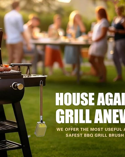 HOUSE AGAIN Grill Brush Bristle Free with Scraper, Safe Steam Cleaned Replaceable Head Fire Resistant Grill Cleaning Brush Strong Barbecue Brush Cleaner Non Wire for Outdoor Grill Grate/Wooden Handle