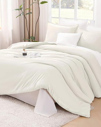 Litanika Comforters Ivory Oversized Queen Size, 3 Pieces Lightweight Solid Bedding Comforter Set, All Season Fluffy Bed Set (98x98In Comforter & 2 Pillowcases)