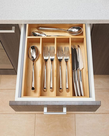 Umilife Kitchen Drawer Organizer, 10 Inch Silverware Utensil Tray Holder, Extra Deep, with Non-Slip Feet & Grooved Drawer Divider, 5 Slots Total Bamboo Wood Caddy for Flatware Cutlery Knives