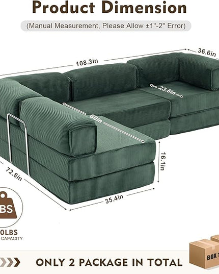 108" L Shaped Couch, Modular Sectional Sofa with Chaise, Cloud Boneless Couch with Deep Seat & Removable Pillow for Living Room, Bedroom,No Assembly Required（Dark Green）