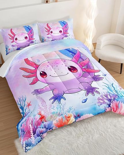 Cute Axolotl Bedding Set King Size,Pink Axolotl Waterweed Pattern Toddler Bed Comforter Set,Kawaii Sea Life Bedding Sets for Kids Boys Girls Room Decoration with 2 Pillowcases.