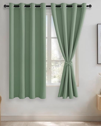 JIUZHEN Light Sage Blackout Curtains with Tiebacks Thermal Insulated, Light Blocking and Noise Reducing Grommet Curtains for and Living Room, Set of 2 Window Curtain Panels, 52 x 63 Inch Length