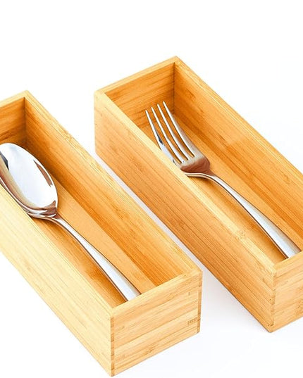 Umilife Bamboo Kitchen Drawer Organizer, Extra High Silverware Tray, Flatware Cutlery Storage Box, Multi-Use Holder in Office, Bathroom, Pantry - 9"x3"x2.5" (Set of 2)