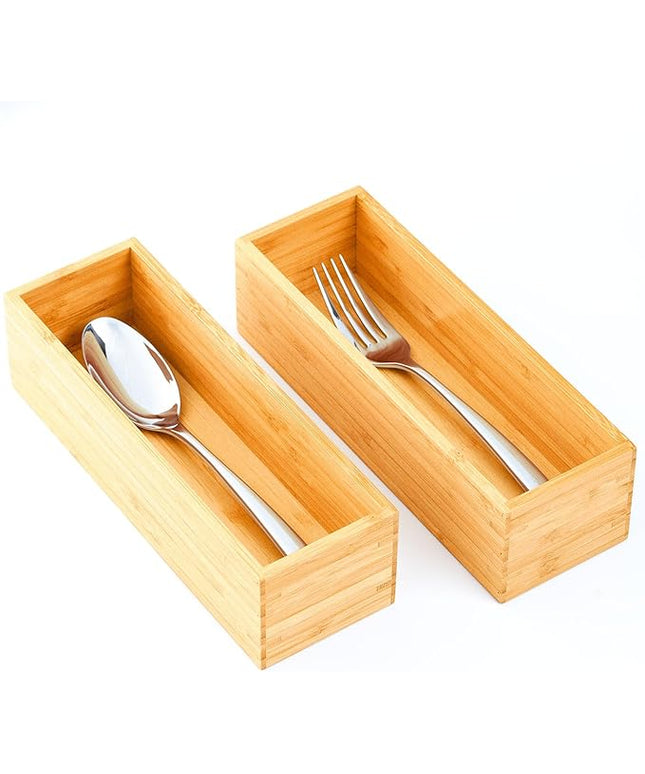 Umilife Bamboo Kitchen Drawer Organizer, Extra High Silverware Tray, Flatware Cutlery Storage Box, Multi-Use Holder in Office, Bathroom, Pantry - 9"x3"x2.5" (Set of 2)