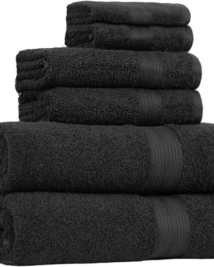 Amazon Basics 6 Piece Oversized Fade resistant Towel set, 100% Cotton towels for bathroom, soft and absorbent, 2 Bath Towels, 2 Hand Towels and 2 Washcloths bathroom towel set, Black