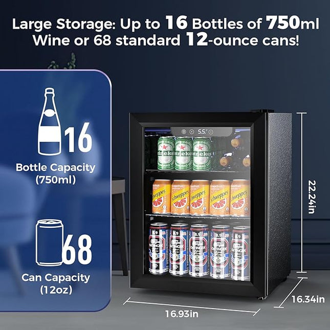 68 Cans Beverage Refrigerator Cooler, 1.7 cu.ft Mini Fridge Glass Door Drink Cooler for Beer, Soda,Wine, Digital Temperature Control for Home Office Bar