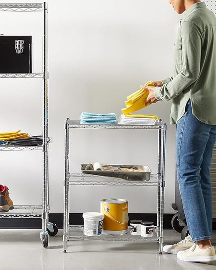 Amazon Basics 3-Shelf Adjustable Heavy Duty Steel Wire Rack Storage Shelving Organizer for Kitchen, Garage, 23.2" L x 13.4" W x 30" H, Chrome